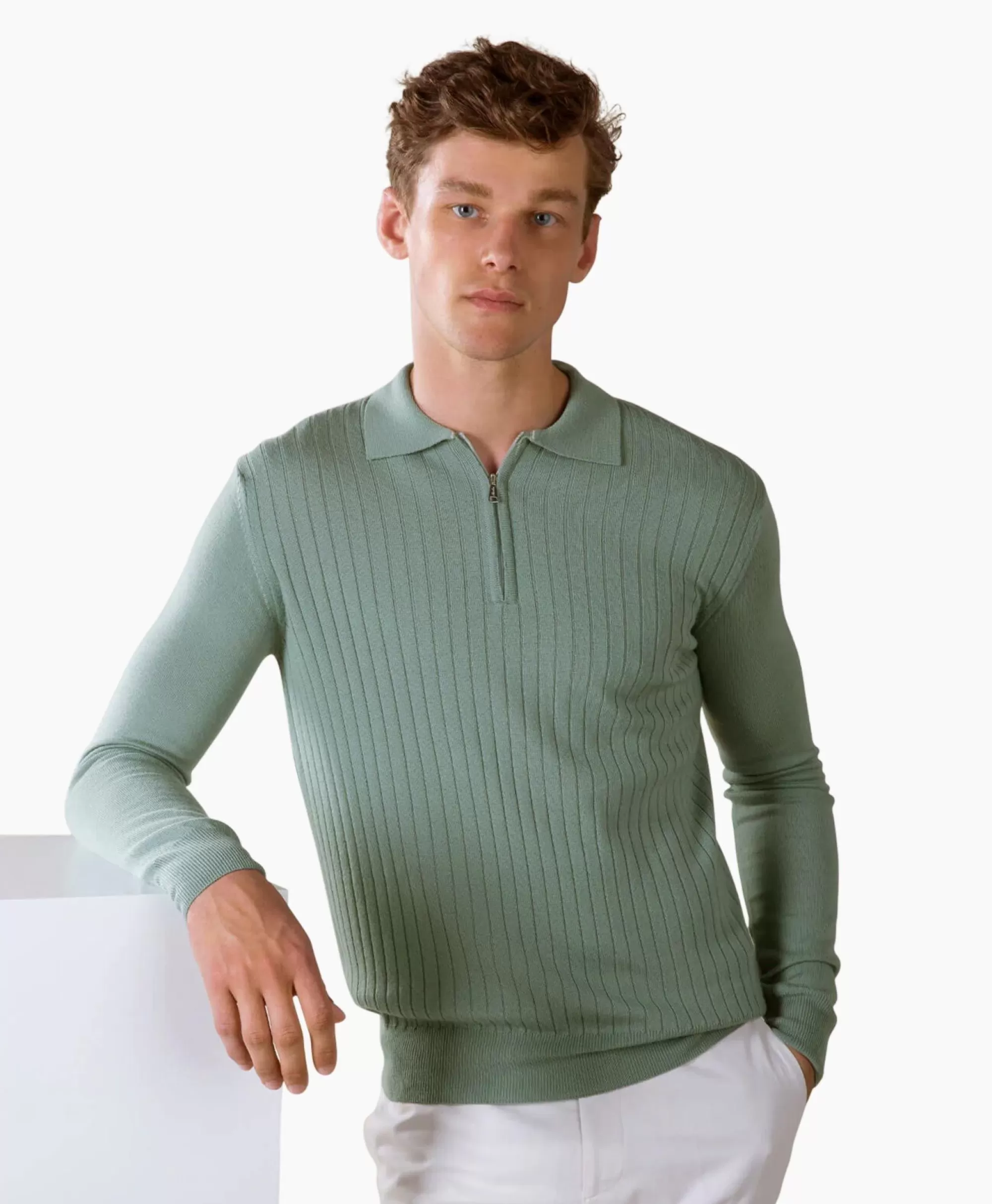 Truien*Aurelien Pullover Rib Zip Polos Ls Licht Groen