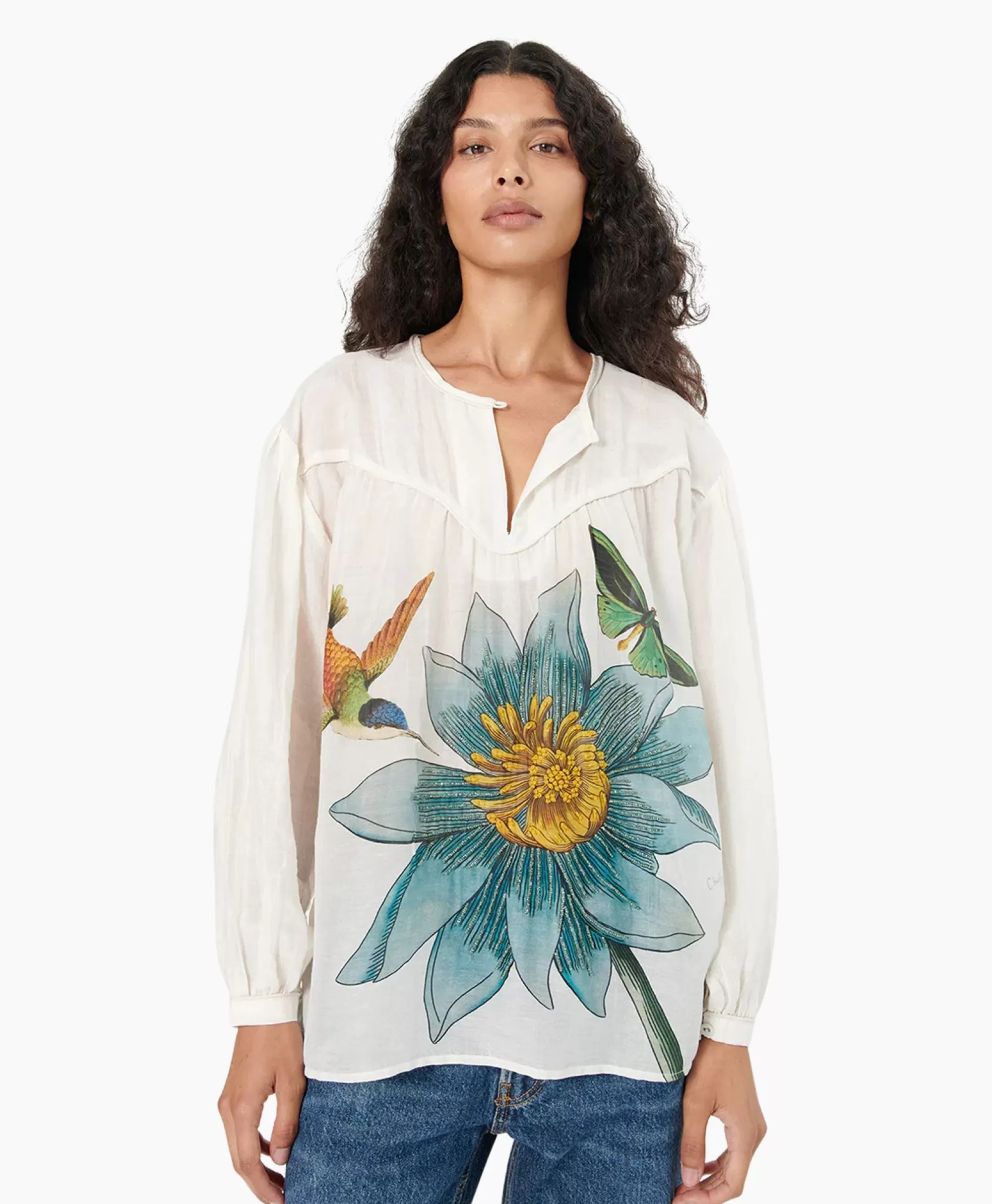 Blouses*Chufy Blouse Bamboo Embroidered Blauw