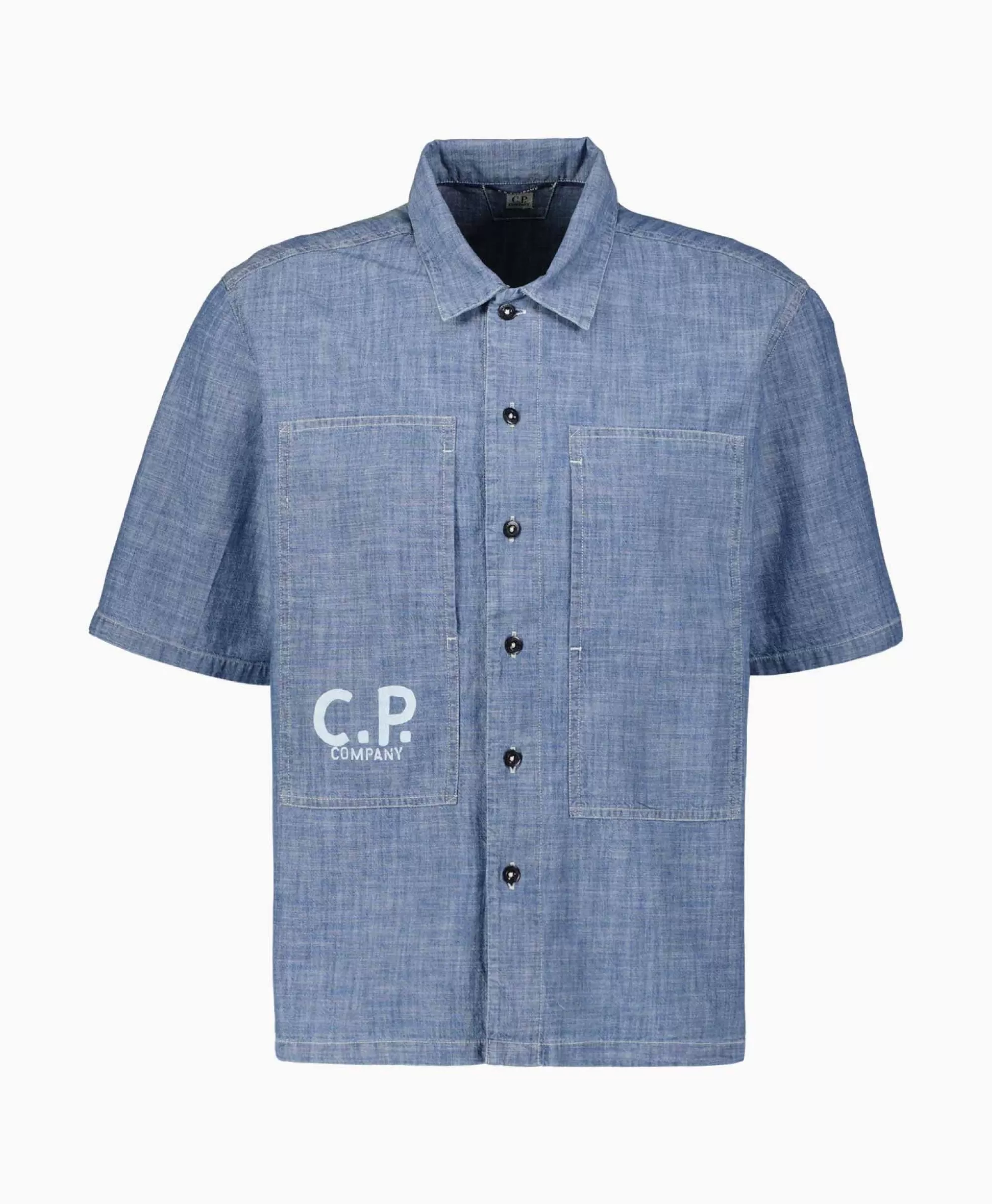 T-Shirts*Cp Company T-Shirt Chambray Short Sleeved Logo Blauw