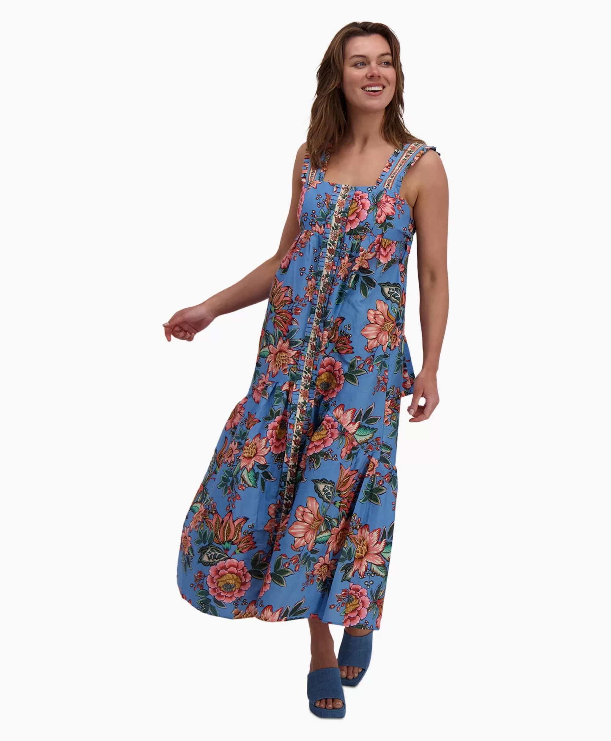 Bruiloftskleding*Farm Rio Maxi Jurk Wonderful Bouquet Blue Sleeveless Blauw