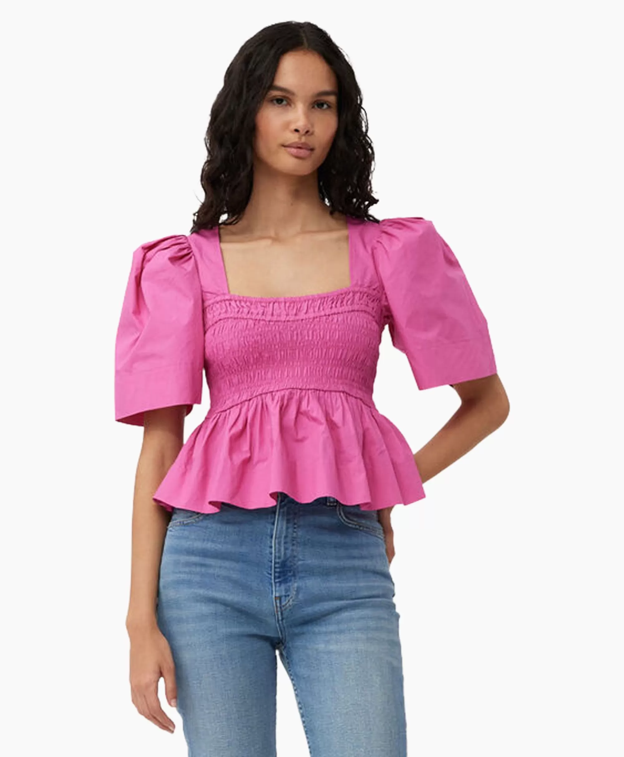 Blouses*Ganni Blouse Cotton Poplin Open-Neck Smock Pink