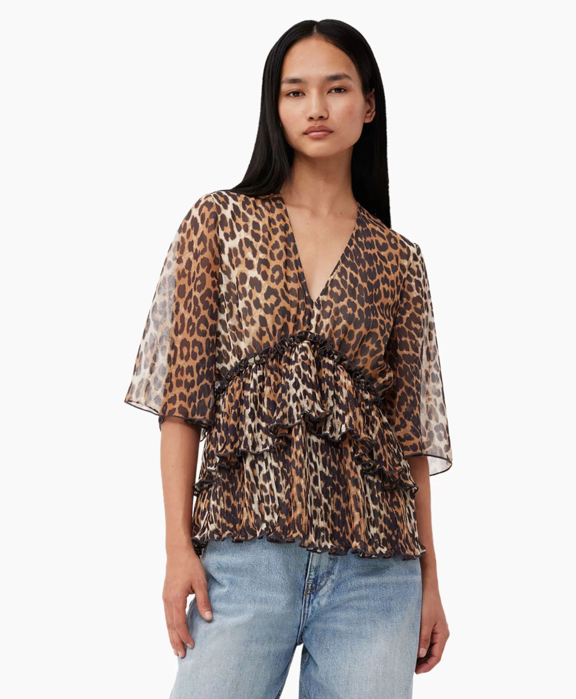 T-Shirts & Tops*Ganni Blouse Pleated Georgette V-Neck Flounce Bruin