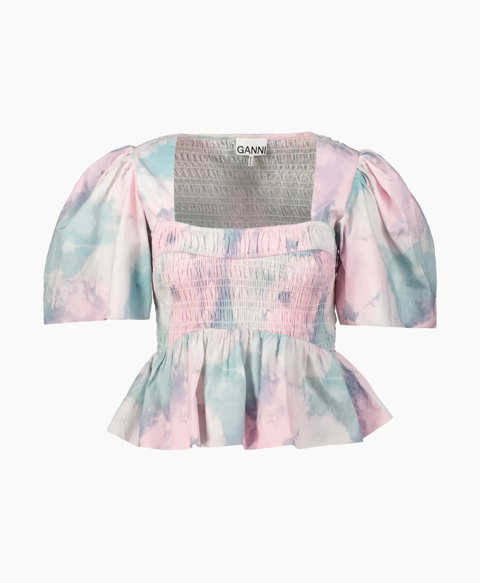 Blouses*Ganni Blouse Printed Cotton Open-Neck Smock Rose