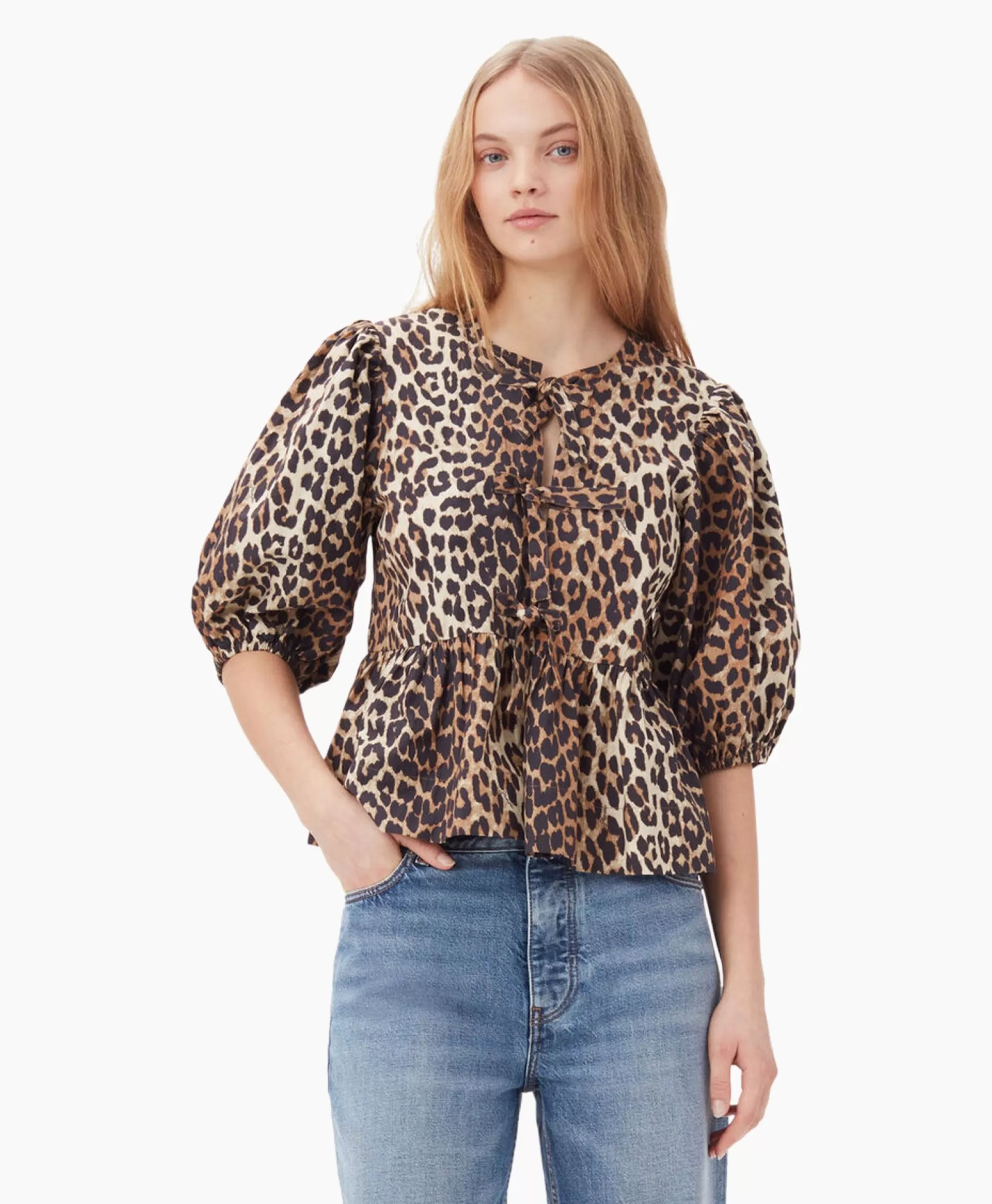 Blouses*Ganni Blouse Printed Cotton Poplin Peplum Bruin