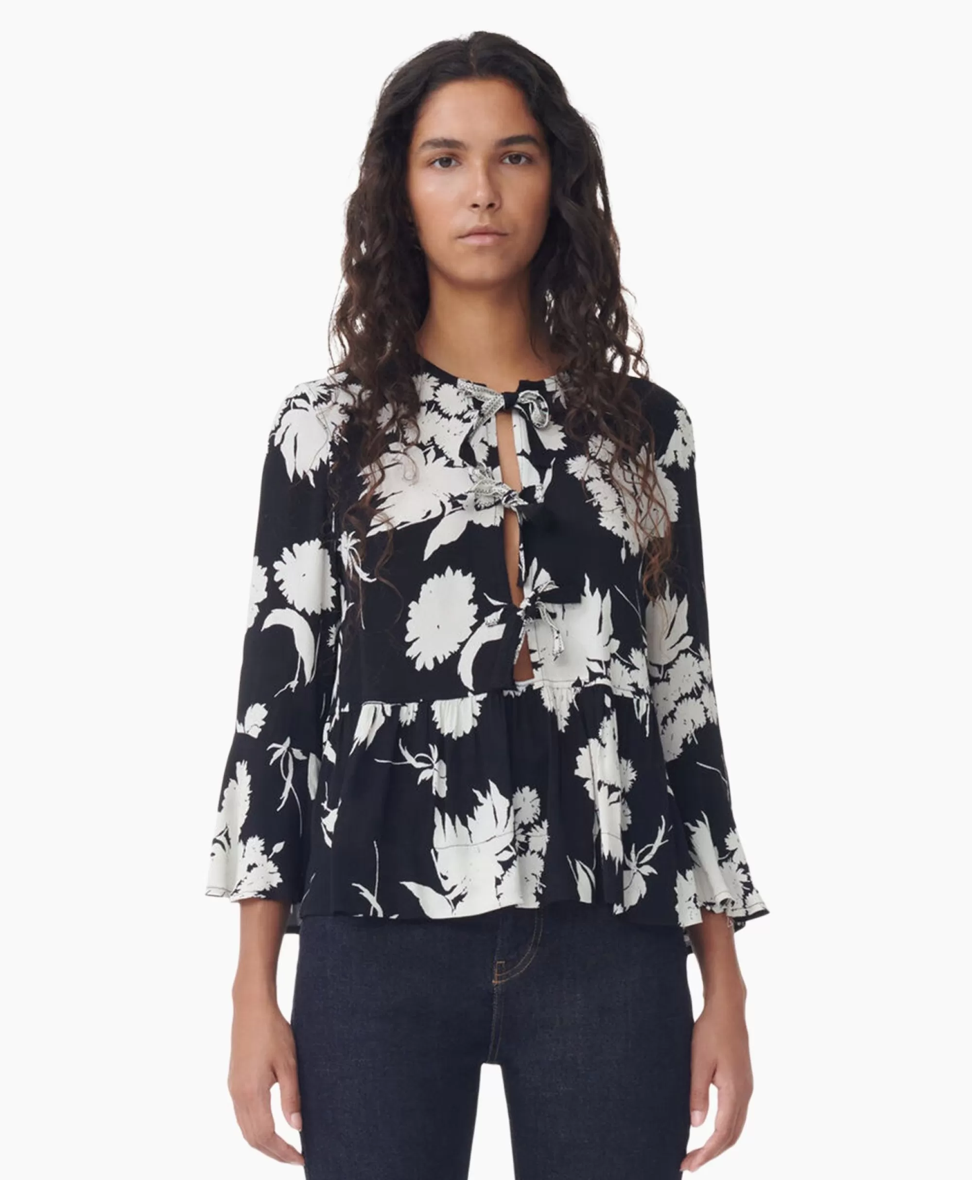 Blouses*Ganni Blouse Printed Crepe Peplum Zwart