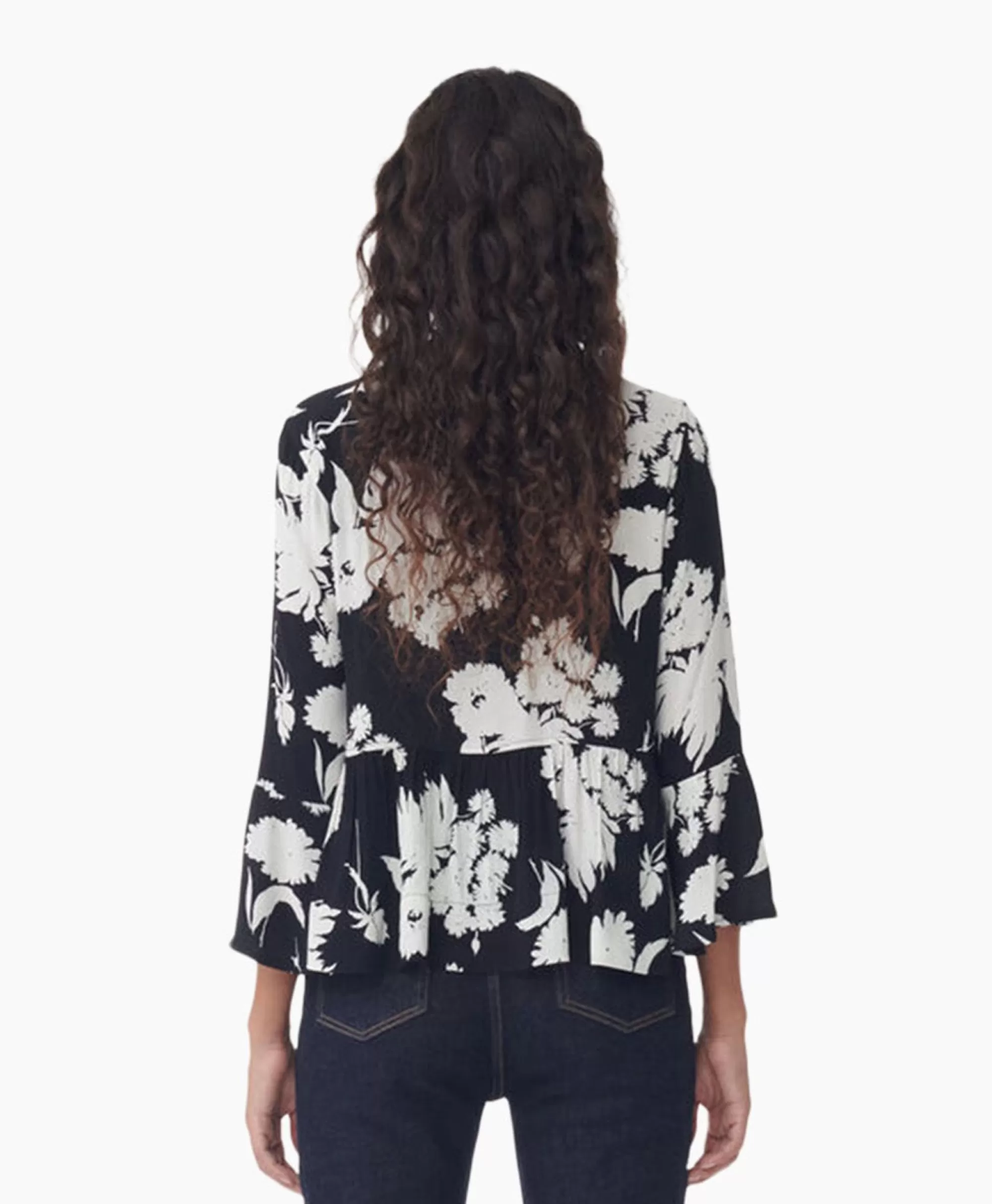 Blouses*Ganni Blouse Printed Crepe Peplum Zwart