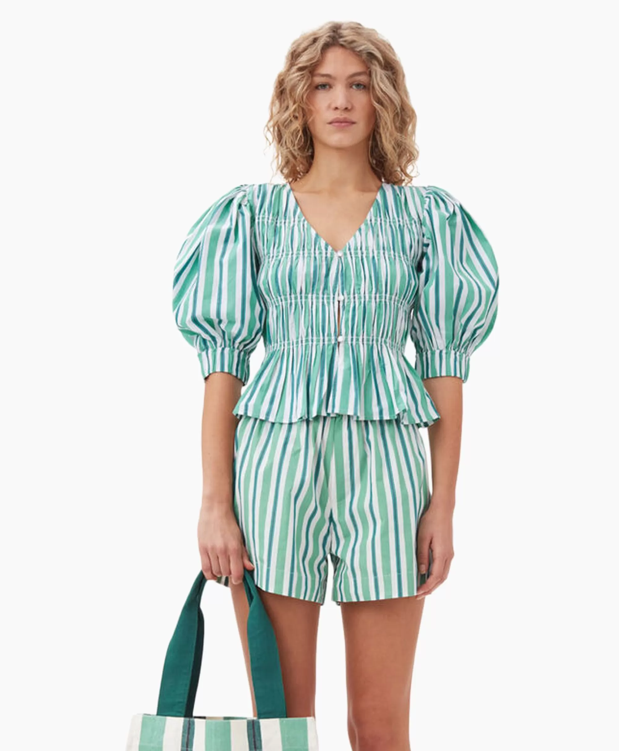 Blouses*Ganni Blouse Stripe Cotton V-Neck Fitted Groen