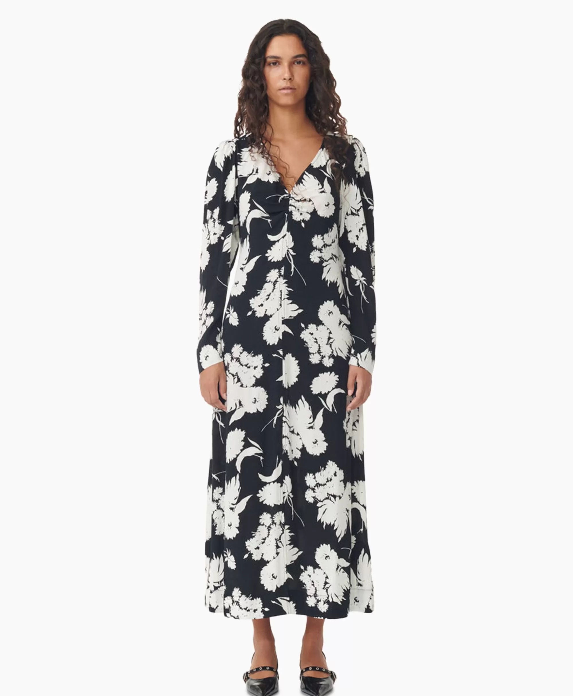 Jurken*Ganni Maxi Jurk Printed Crepe V-Neck Zwart