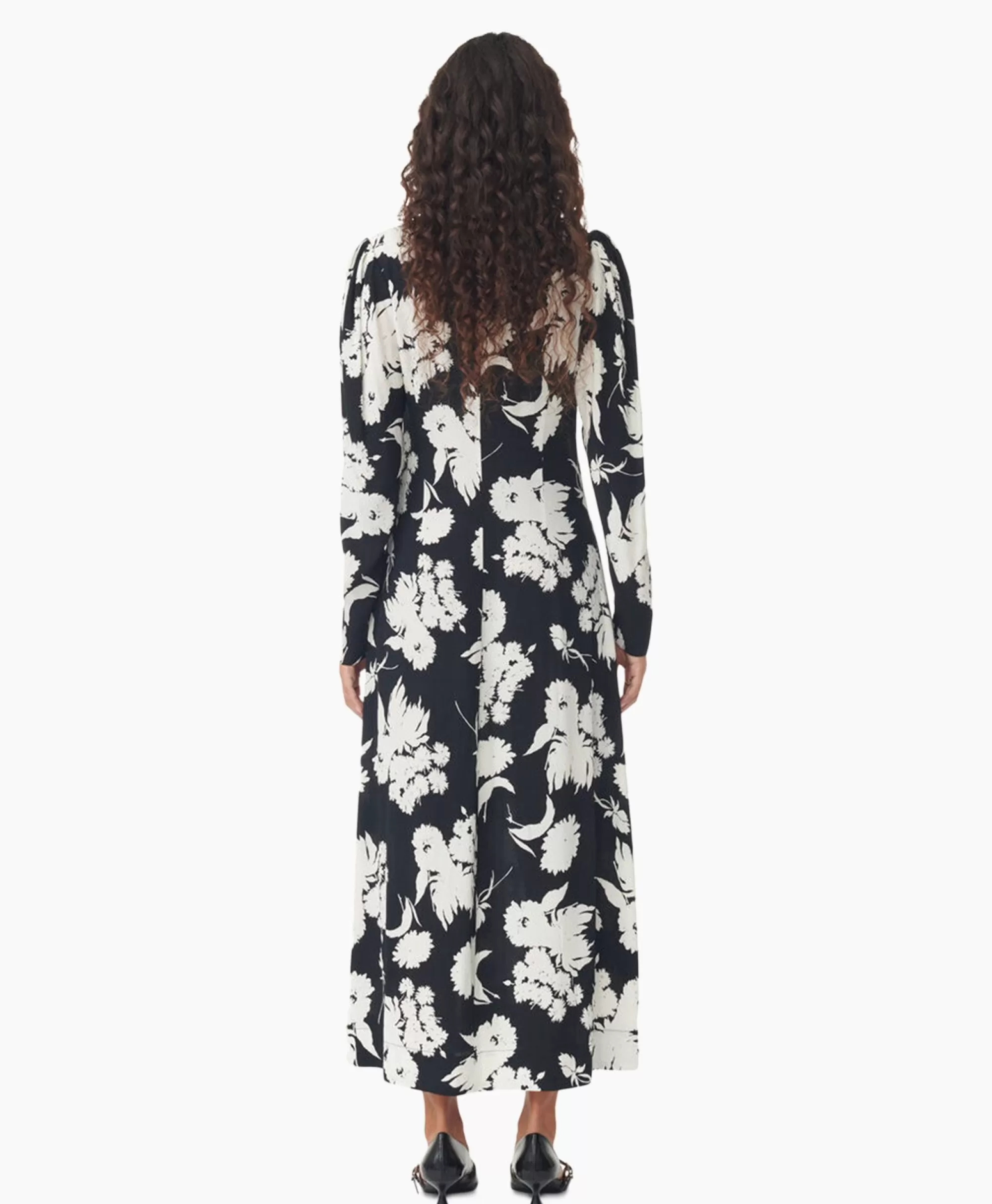 Jurken*Ganni Maxi Jurk Printed Crepe V-Neck Zwart