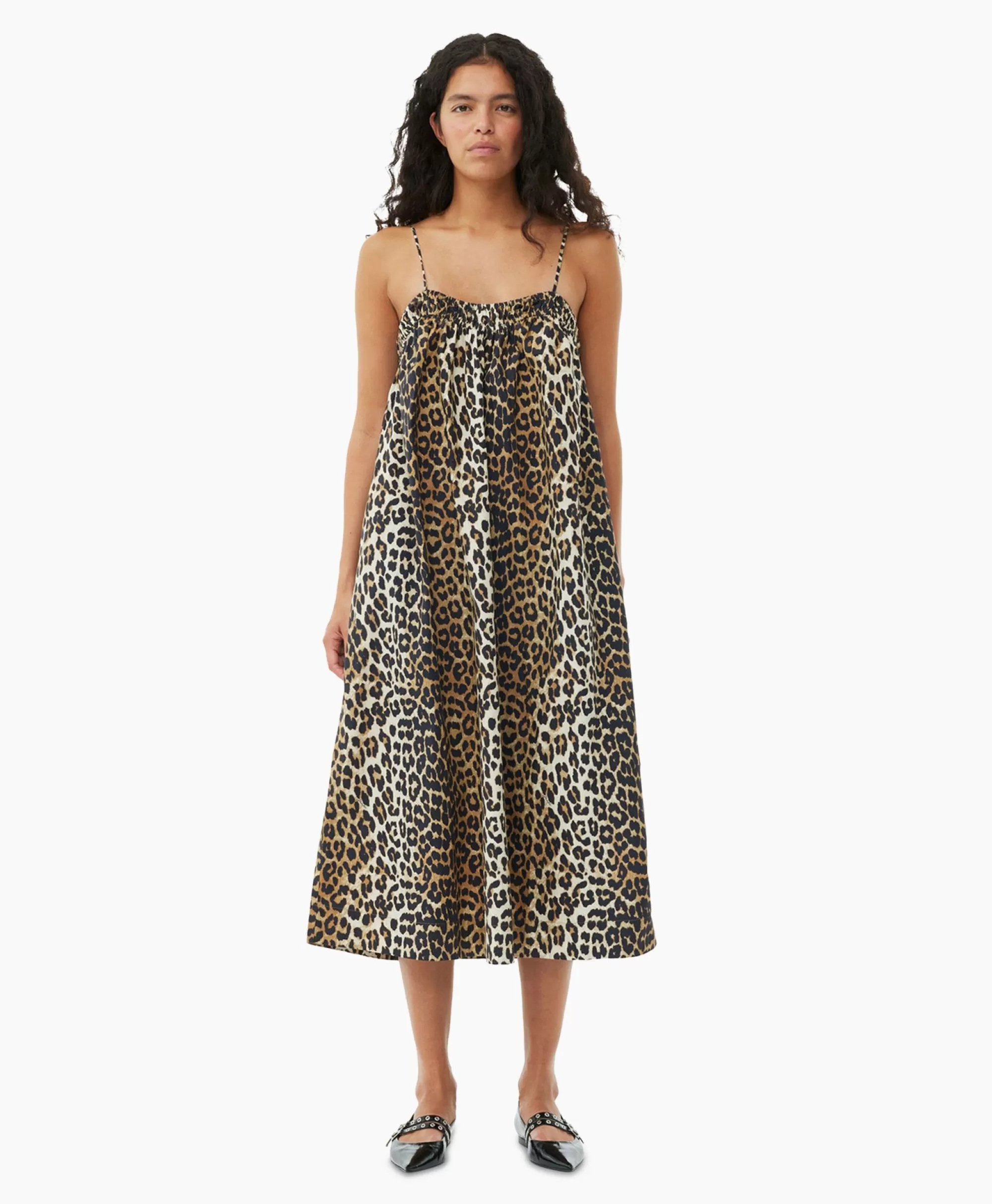 Jurken*Ganni Midi Jurk Printed Cotton Strap Bruin