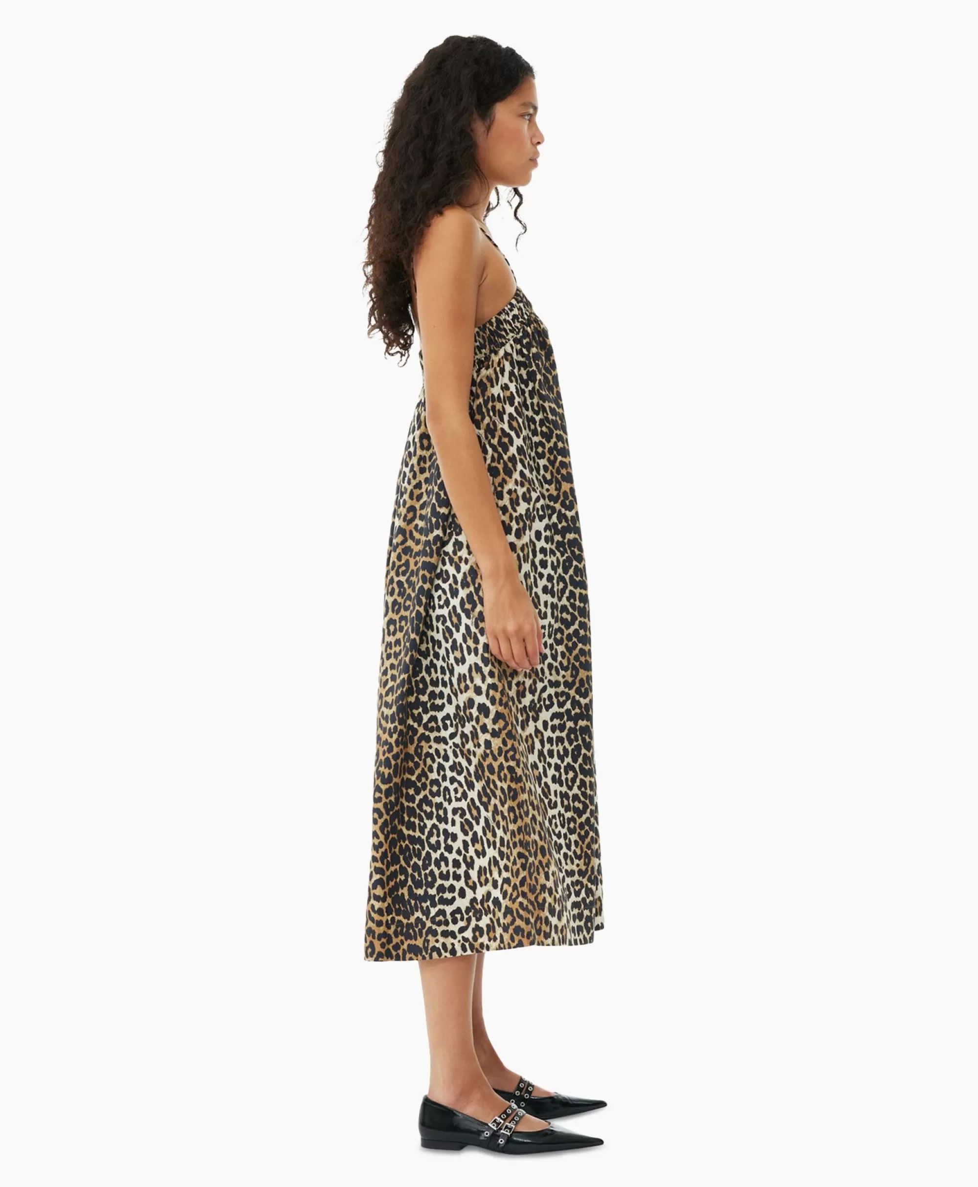 Jurken*Ganni Midi Jurk Printed Cotton Strap Bruin