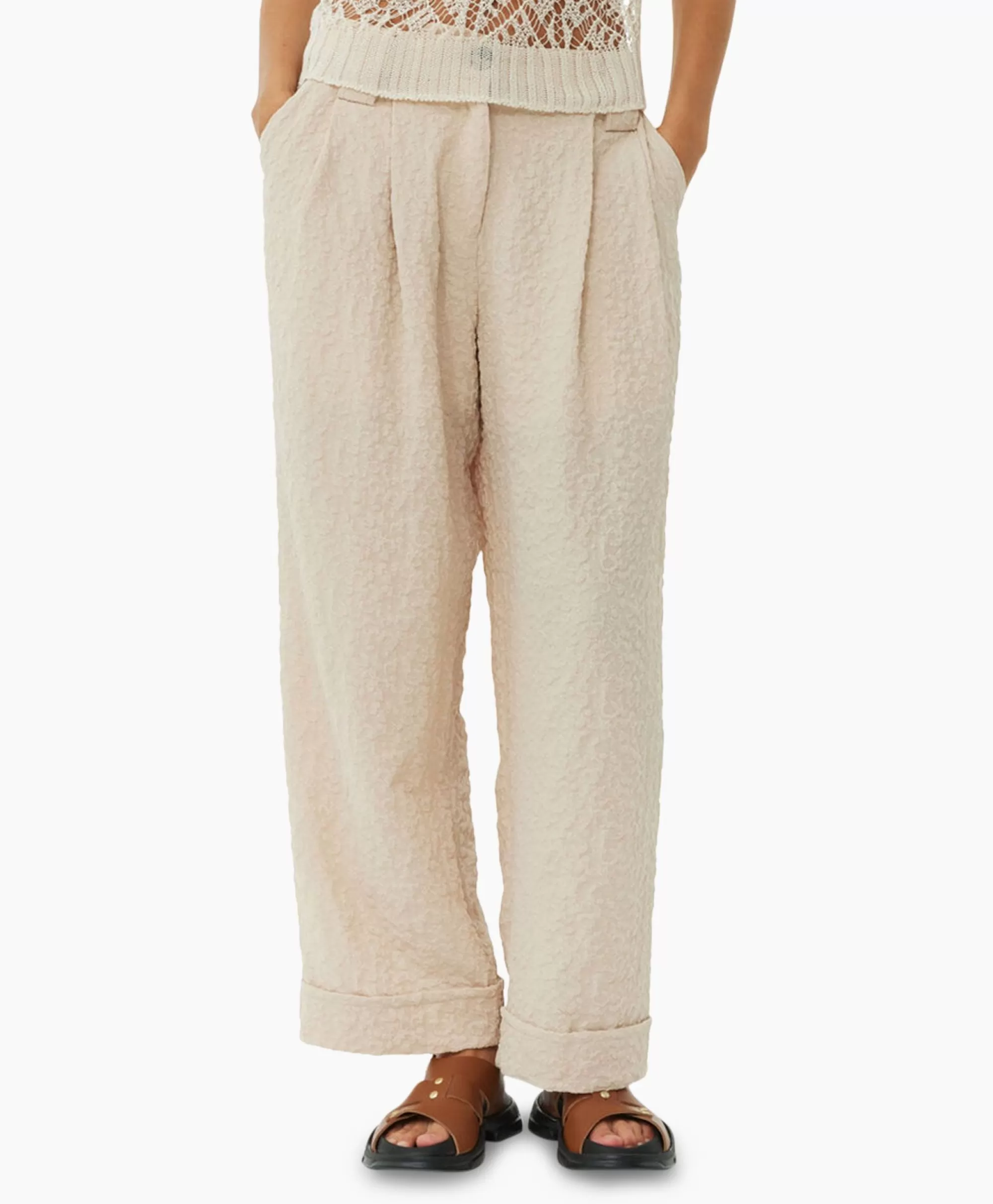 Broeken*Ganni Pantalon Textured Suiting Mid Waist Beige