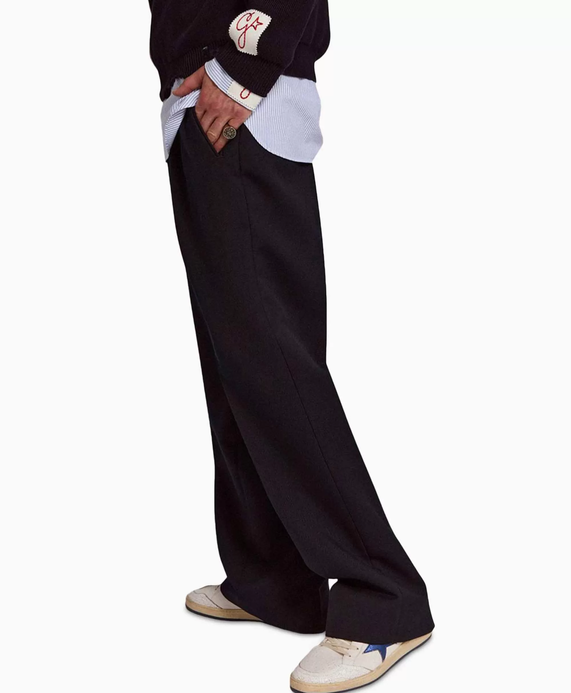 Broeken*Golden Goose Broek Golden M Wide Legs Compact Gabardine Wool Donker Blauw