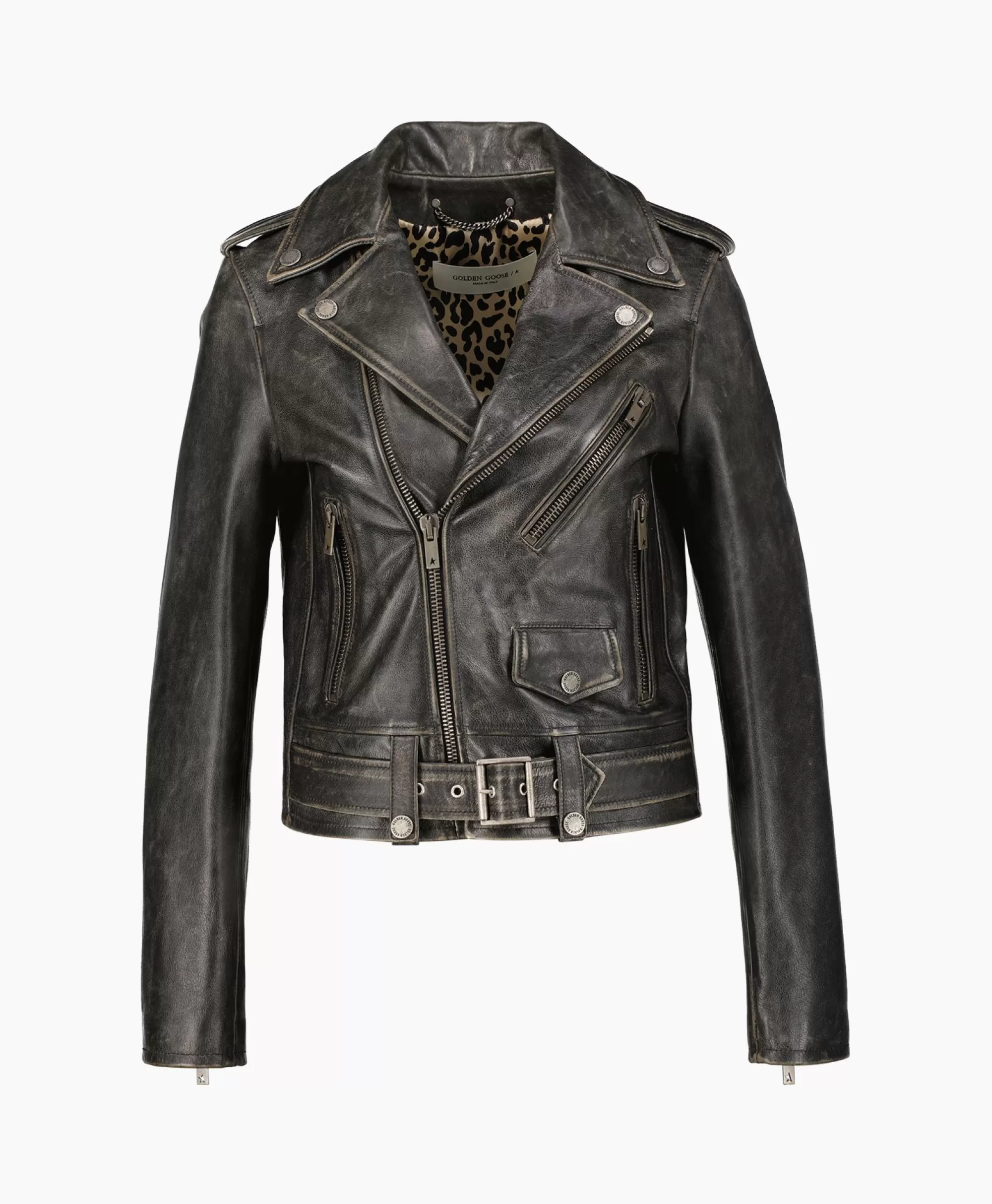 Jassen*Golden Goose Leren Jas Golden W'S Chiodo Distressed Bull Leathe Zwart