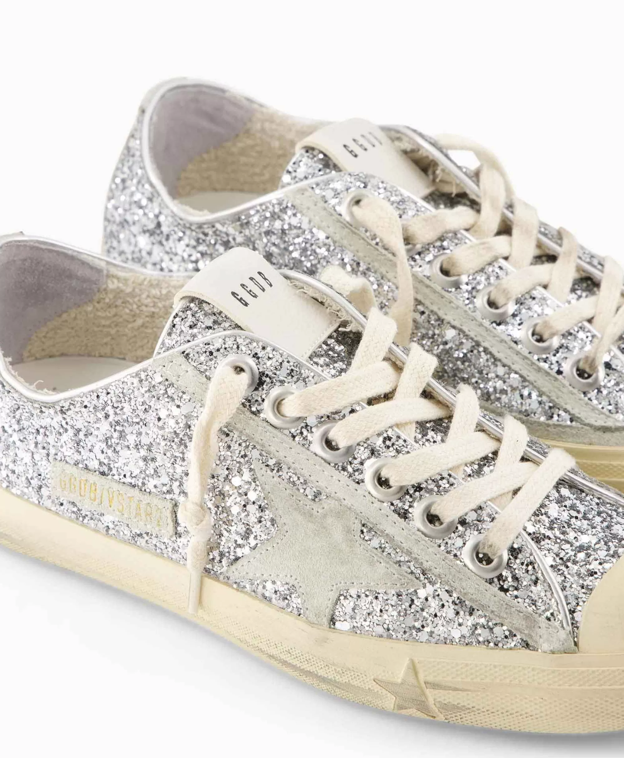 Sneakers*Golden Goose Sneaker V-Star 2 Glitter Upper Rubber Toe Suede St Zilver