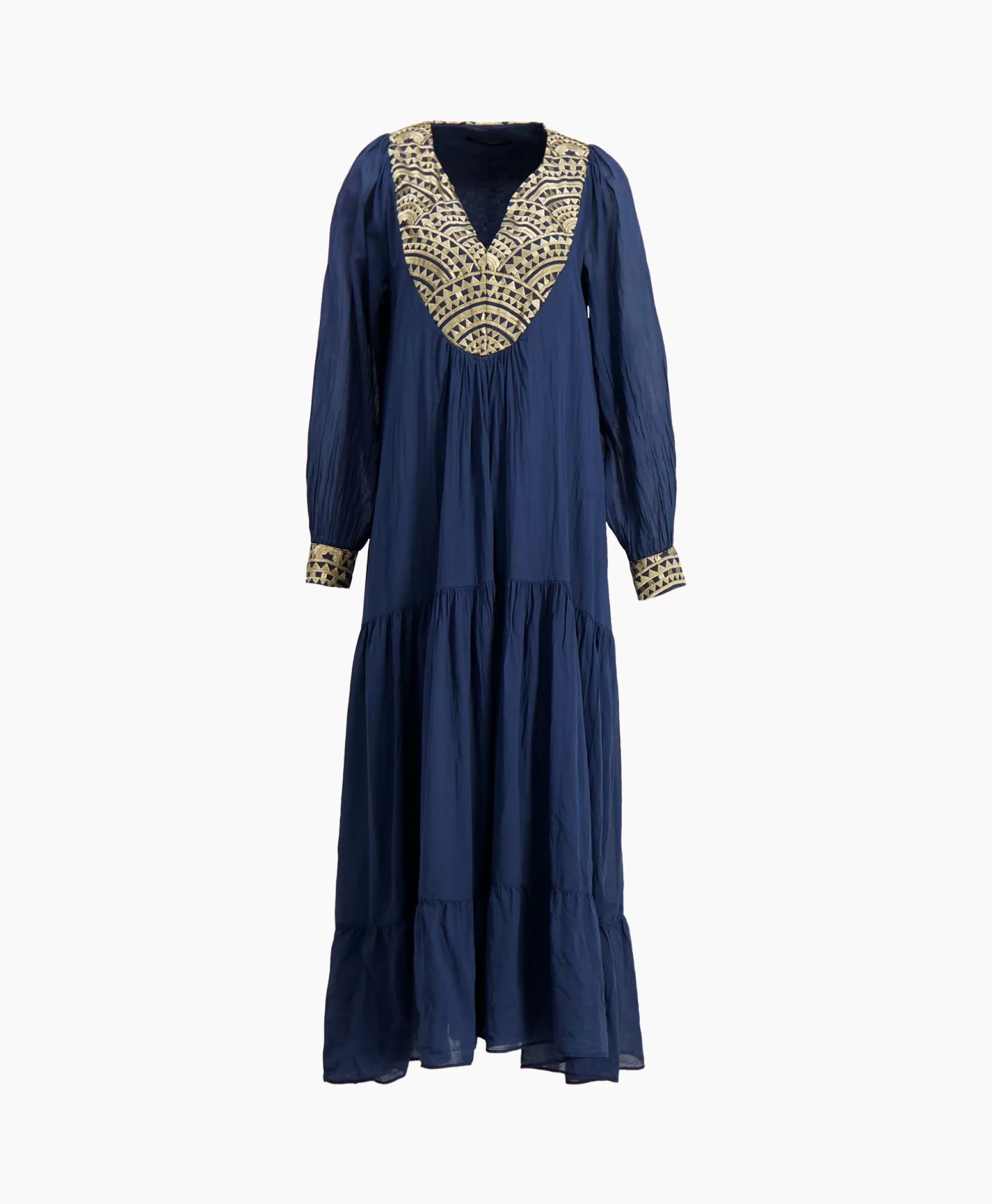 Jurken*Greek Archaic Kori Maxi Jurk Long New All Over Cotton Donker Blauw