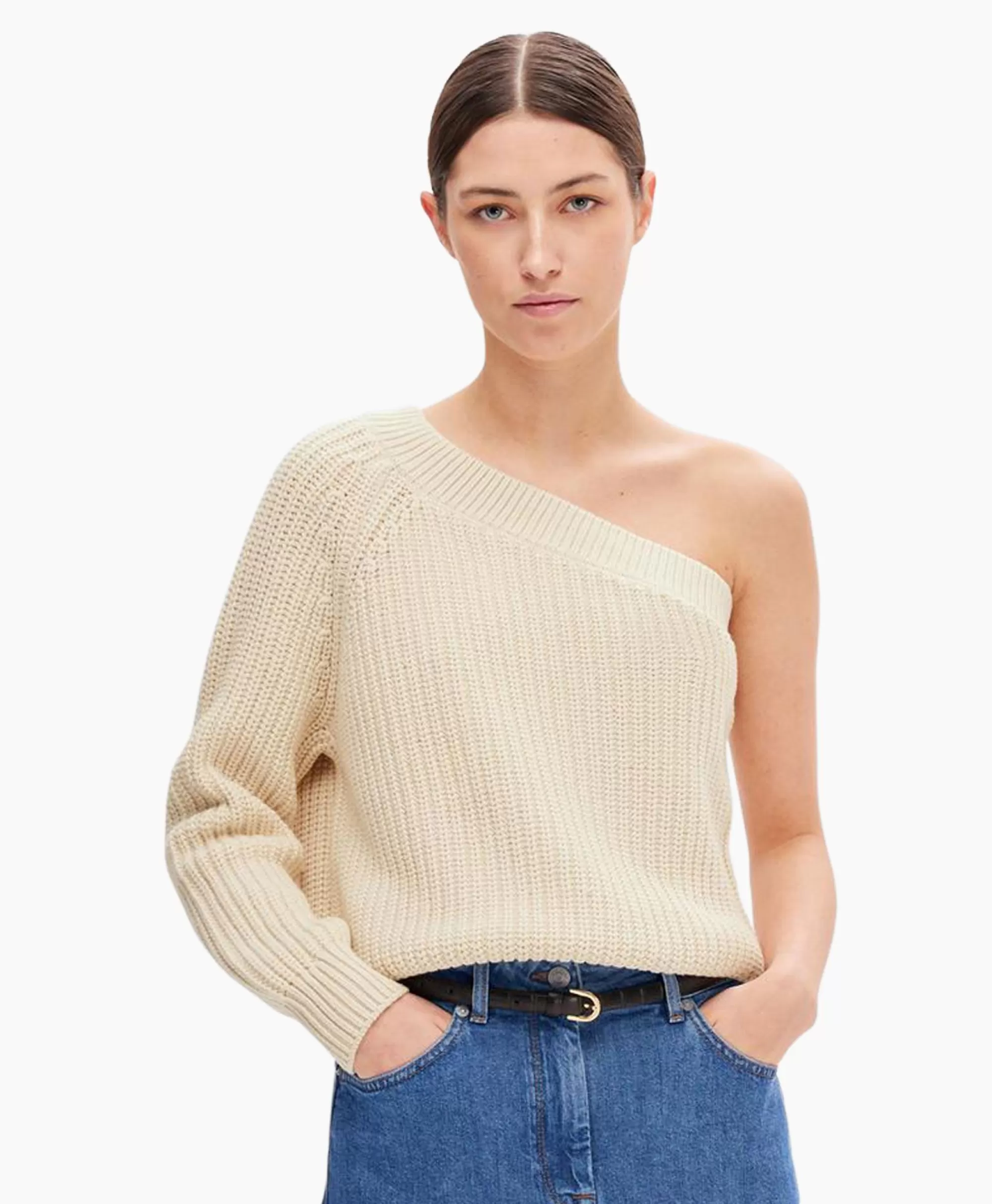 Truien*Selected Femme Gebreide Trui Sedora Ls Knit One Shoulder Off White